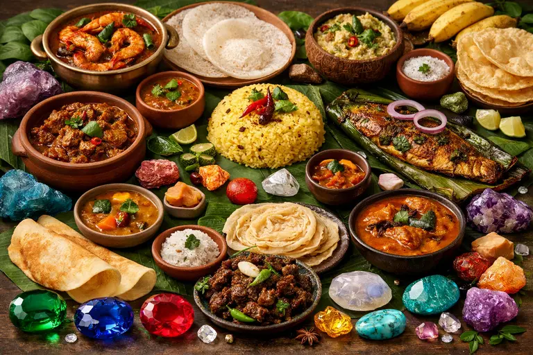 A colorful spread of Kerala dishes alongside sparkling gemstones representing flavours and gems of Keralam.