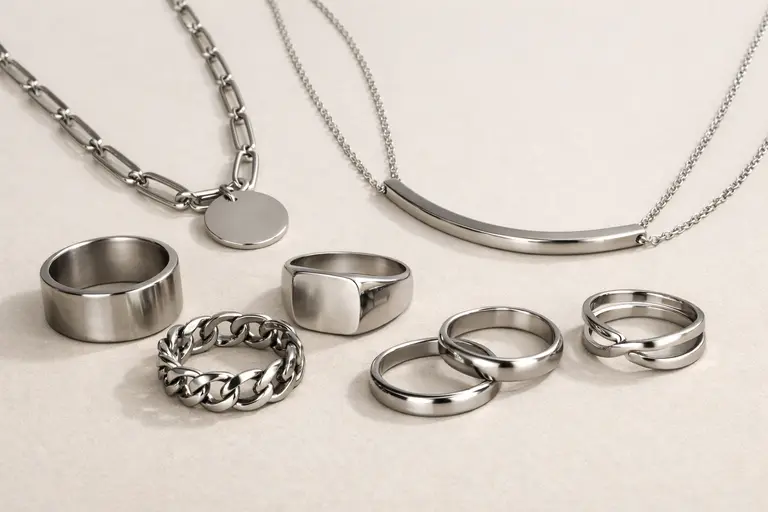 A comprehensive Steel Jewellery Buying Guide showcasing polished 316L necklaces and rings.