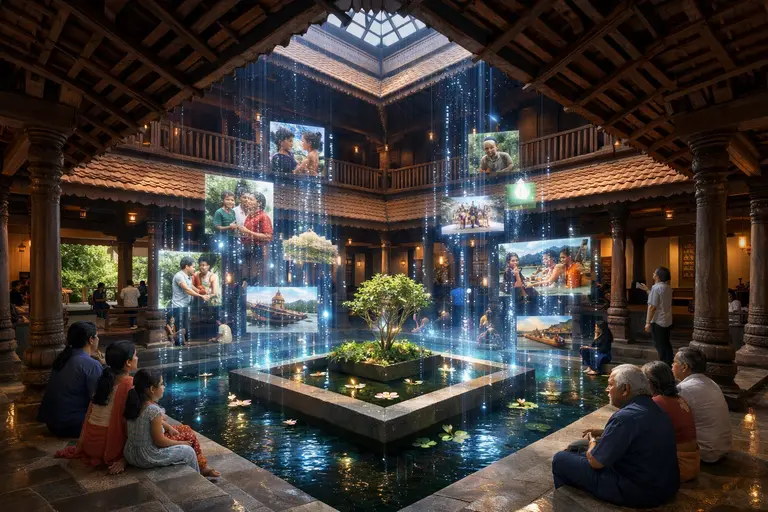 An architectural rendering of the Keralam AI Museum blending traditional Tharavadu design with digital projections.