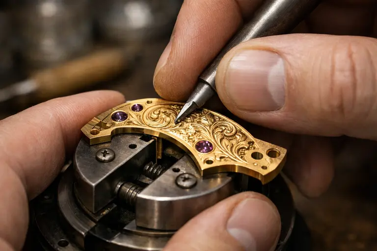 A master watchmaker applying decorative watchmaking techniques to a movement bridge.