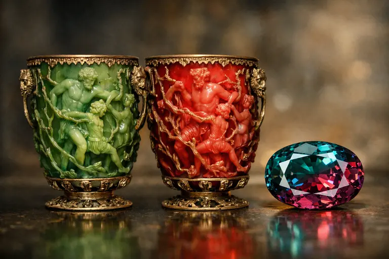 A comparison of the Roman Lycurgus Cup and natural color-change gemstones.