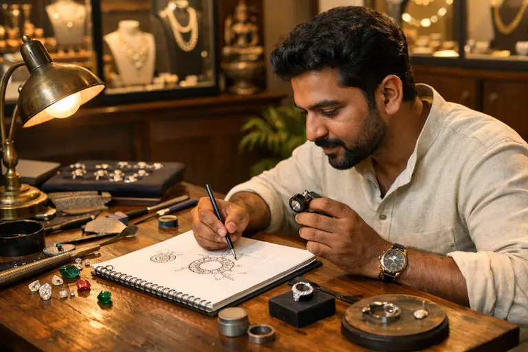 A professional jeweller designing a custom ring in a boutique, illustrating jewellery business ideas for Keralam.
