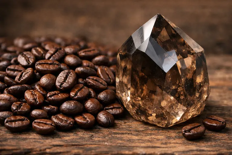 Roasted Wayanad Robusta coffee beans next to a faceted smoky quartz gemstone representing Wayanad Robusta and coffee gemstones.