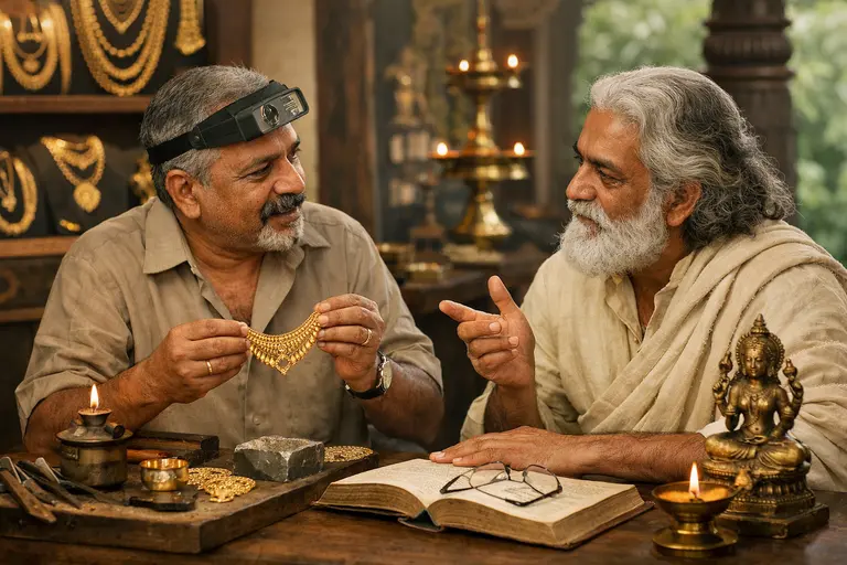 A jeweler and a thinker discussing ethical standards, illustrating how philosophy can strengthen Keralam's jewelry trade.