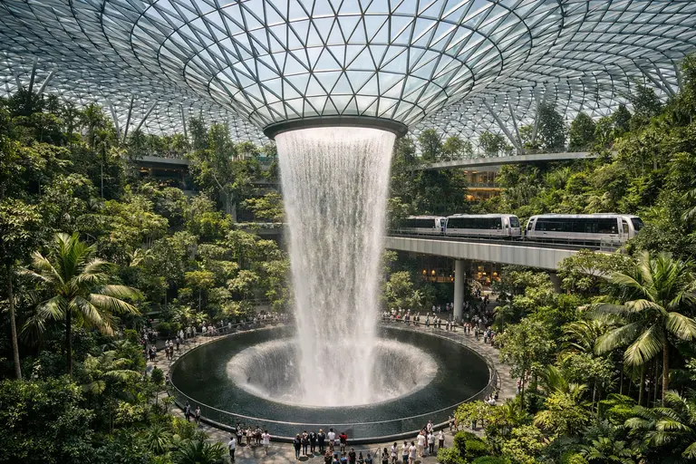 A wide view of the Jewel Changi indoor waterfall representing airports as travel destinations.