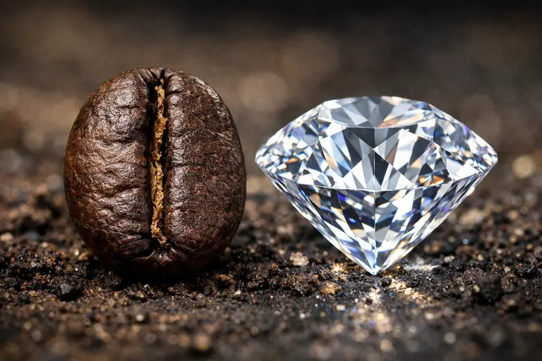 A side-by-side view of a rare coffee bean and a sparkling faceted gemstone representing nature's hidden treasures in coffee and gems.