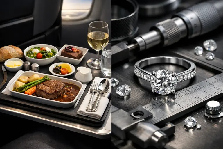 A side-by-side comparison illustrating jewelry business lessons from airline catering workflows.