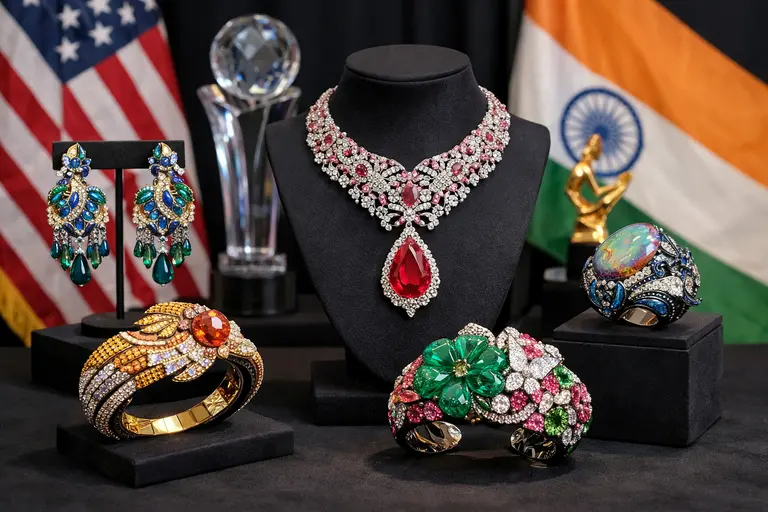 Award-winning gemstone jewelry displayed at an international competition representing AGTA and India's jewelry awards.