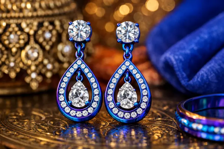 A pair of vibrant blue anodized titanium earrings set with diamonds, showcasing titanium jewelry popularity in India.