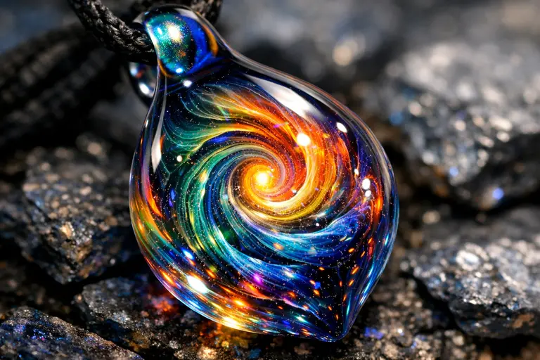A vibrant, hand-sculpted pendant made of borosilicate glass jewelry featuring colorful swirls.