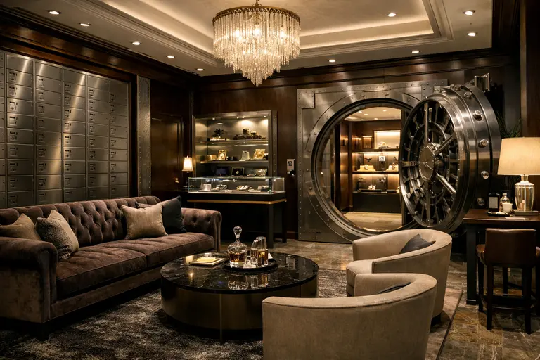 High-security lounge interior showcasing the trend of luxury vaults and fine dining.