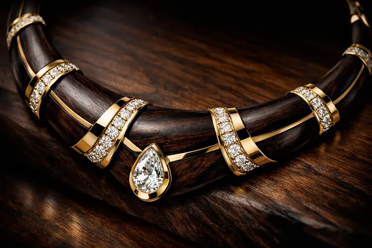 A luxury gold necklace with dark ebony wood inlays and embedded diamonds illustrating wood jewelry trends.