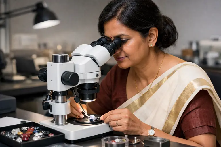 A professional Keralam woman using a gemological microscope for perimenopause and gemstone grading.