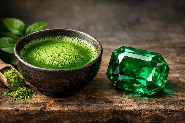 A bowl of vibrant green Assam matcha next to a polished emerald gemstone.