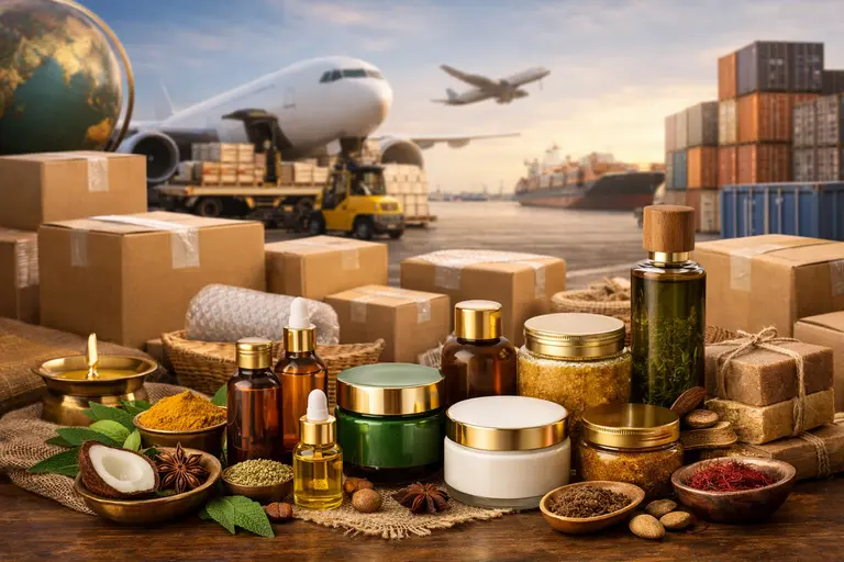 Premium Ayurvedic products being prepared for the Indian beauty export competition.