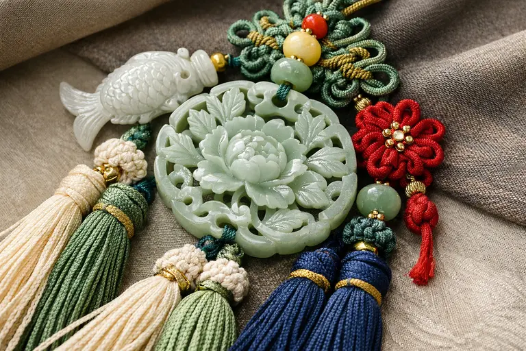 A beautiful jade norigae pendant with silk tassels representing traditional Korean ornaments.