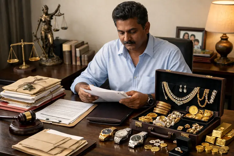 A Keralam professional organizing estate documents and high-value jewelry, illustrating the impact of debt divorce and death on business.