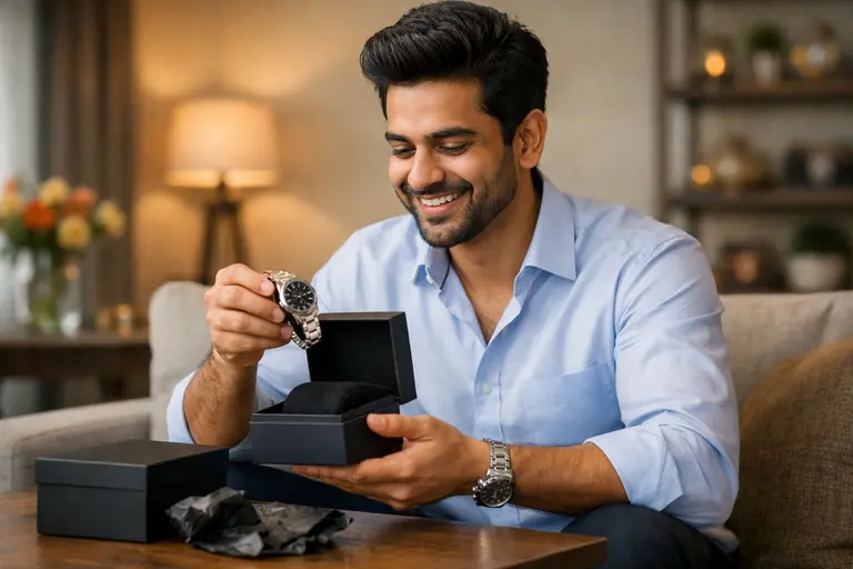 A young Indian professional smiling while unboxing a premium watch, illustrating buying emotional value in India.