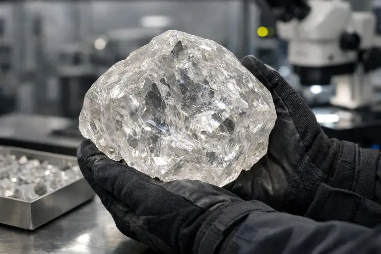 A massive rough gemstone representing a significant Lucara giant diamond discovery at the Karowe Mine.