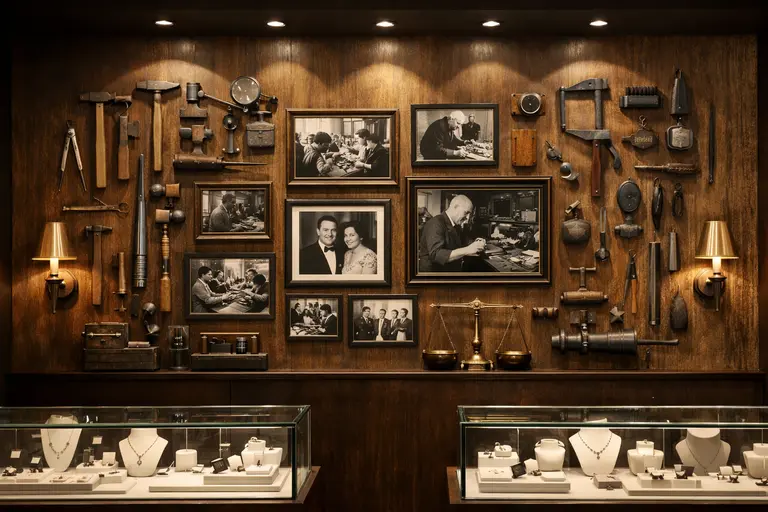 A beautifully curated heritage wall in a luxury jewelry store featuring vintage tools and black-and-white family photos.