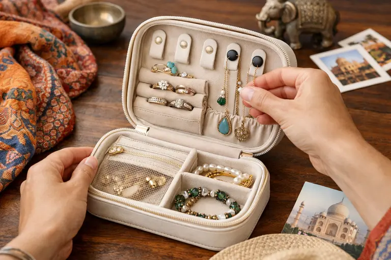 A person organizing a compact travel jewelry case for a trip across India.