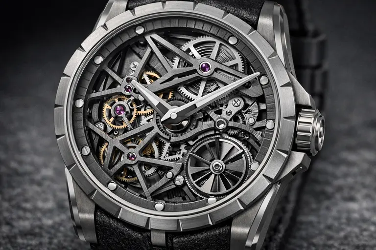 A skeletonized Roger Dubuis Excalibur watch showing the intricate movement.