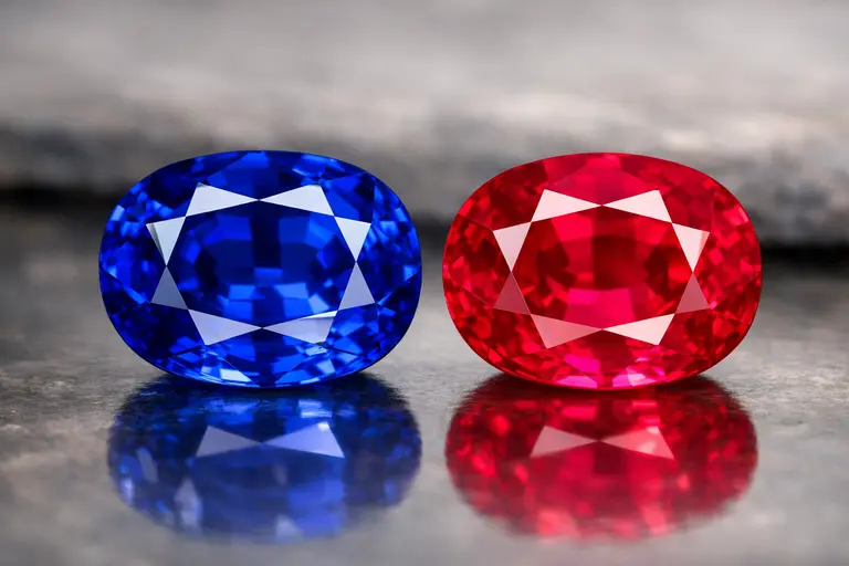 A high-quality blue sapphire and a ruby side-by-side, illustrating gemstone quality vs origin.