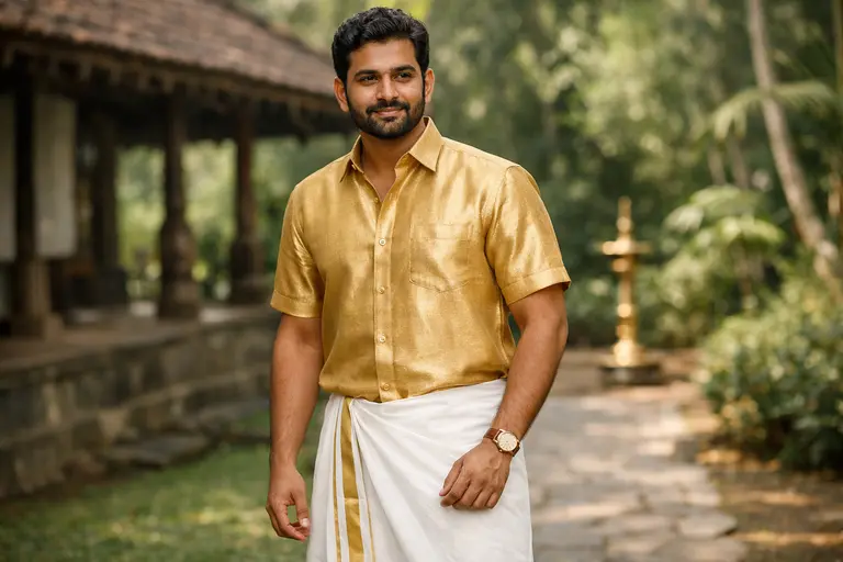 A man wearing a golden Muga silk shirt and a traditional white Kerala mundu.