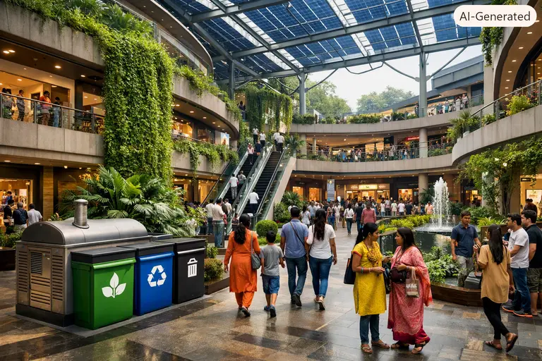 A busy eco-friendly mall crowded with families enjoying Sunday shopping in India.