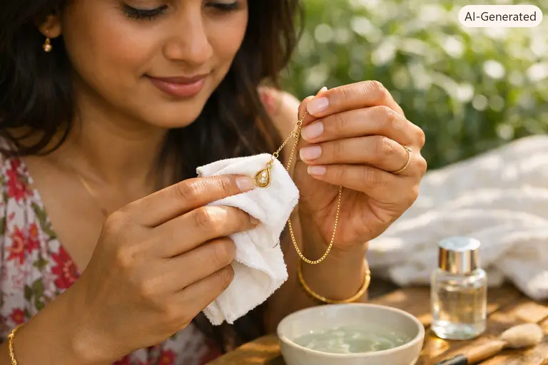 A person following essential summer jewelry care tips to clean a gold necklace.