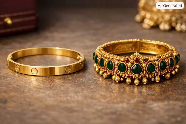 A side-by-side view of a 18k gold Cartier Love Bracelet and a 22k gold traditional Kerala Palakka Kada.