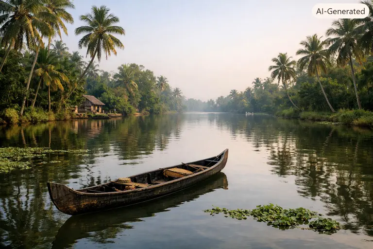 A serene backwater view showcasing efforts for preventing overtourism in Keralam.