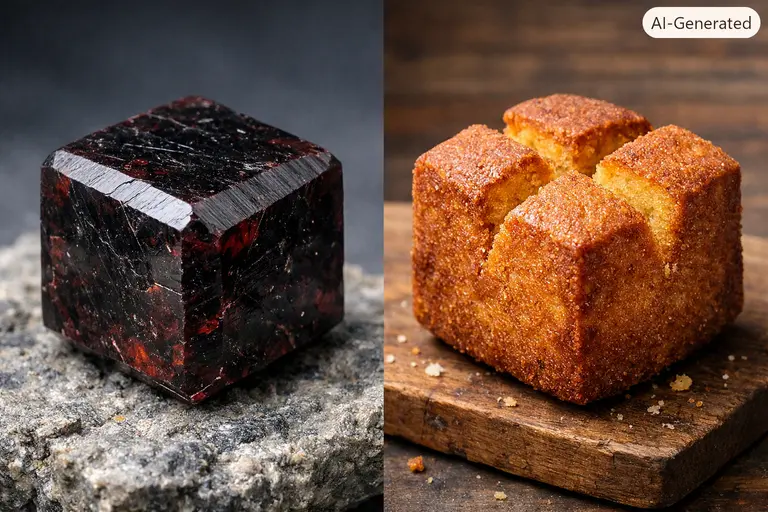 A side-by-side comparison of a cubic garnet crystal and a piece of Keralam Vettu Cake.