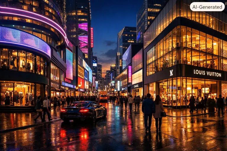 A vibrant luxury retail district representing the top shopping cities in the world.
