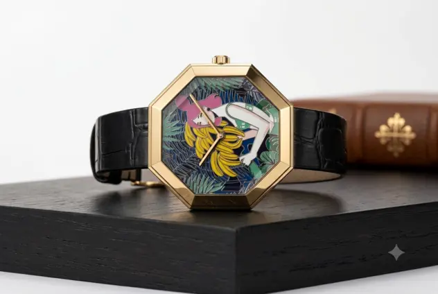 A luxury watch from The Face in Time Paradis Tropical collection featuring a vibrant toucan enamel dial.
