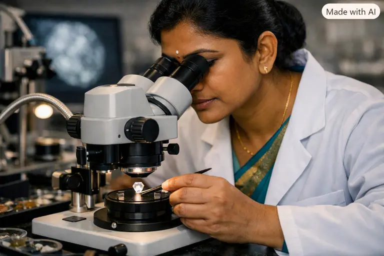 A professional gemologist applying critical thinking in modern gemology during a stone inspection.