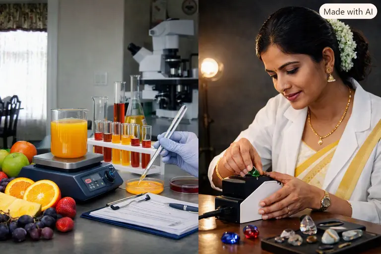 Laboratory equipment used to verify grading standards for juice and gemstones.