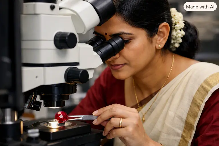 A professional gemologist examining a faceted ruby under a high-power microscope to detect gemstone identification challenges.