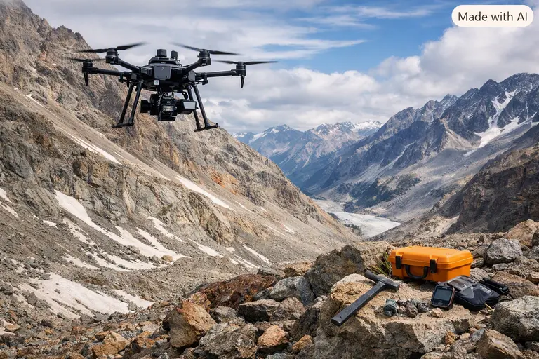 A high-tech survey using drones for gemstone exploration in remote areas.