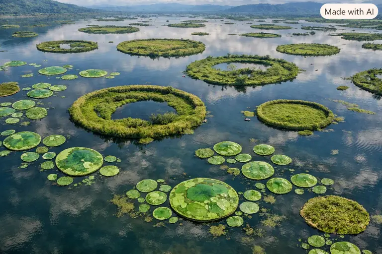 An aerial view showing the circular phumdis of Loktak Lake and peridot inclusions.
