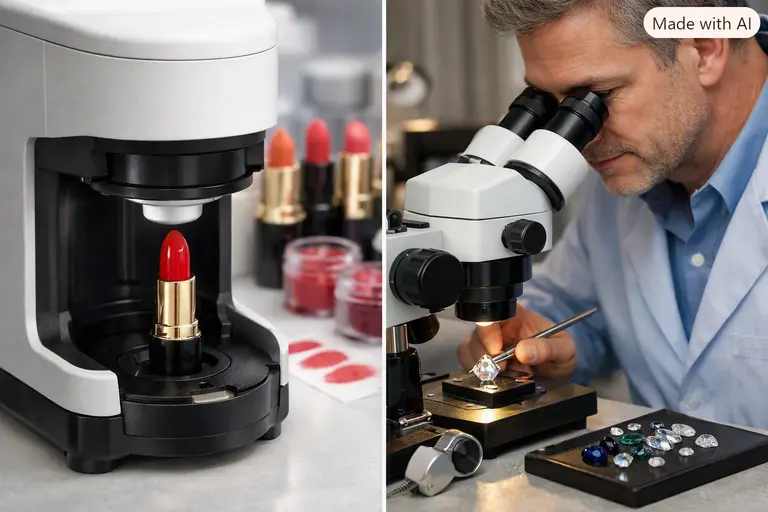 A side-by-side comparison of a spectrophotometer testing a red lipstick and a gemologist using a microscope.