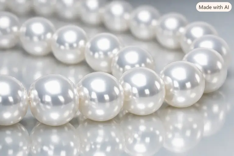 A high-definition close-up of a strand of lustrous white Akoya pearls.