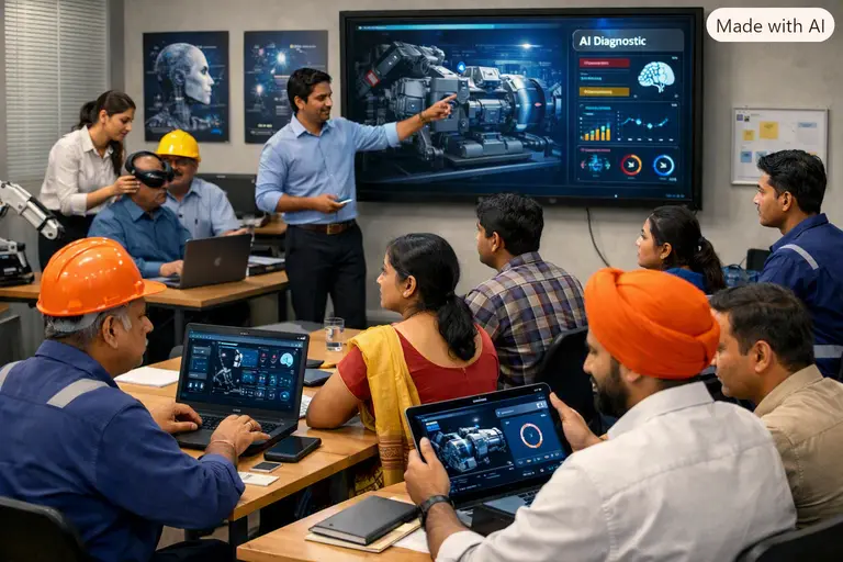 A group of Indian professionals attending a workshop on retraining India's workforce for AI.