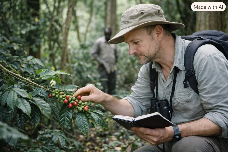 Dr. Aaron Davis examining a wild coffee plant in a tropical forest.