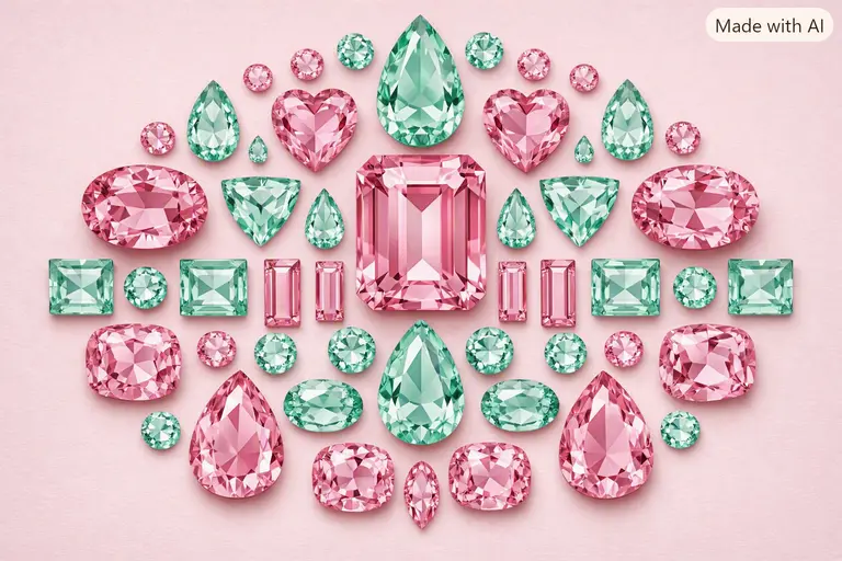 A symmetrical arrangement of pink and mint green jewels representing Wes Anderson colors in gemstones.