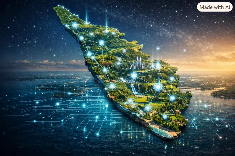 A digital visualization of Kerala's map overlaid with neural network nodes, representing AI transformation in Keralam.