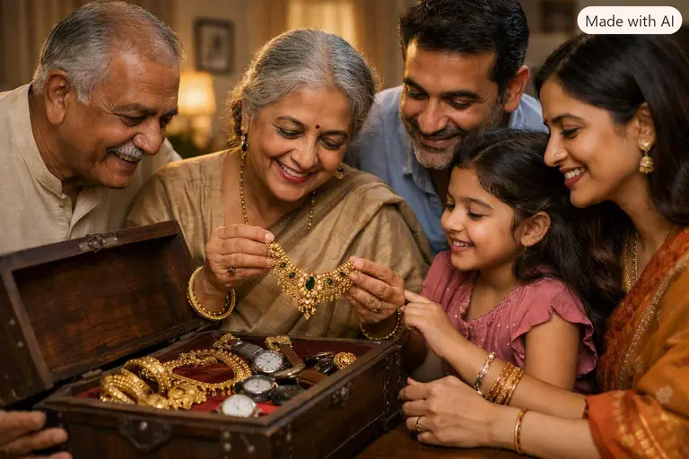 Multi-generational Indian families cherishing heirlooms like gold and luxury watches.