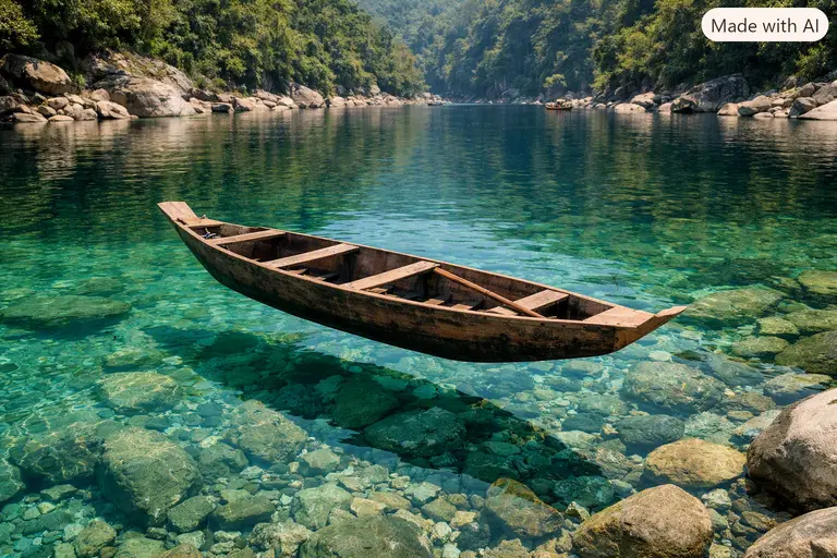 A small wooden boat appearing to float in mid-air due to the extreme clarity of the Umngot River.