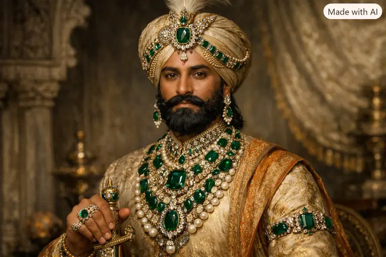 A royal portrait showcasing the cultural role of gemstones in Indian history and belief.