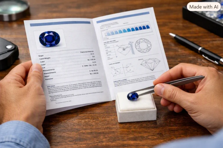 A consumer examining a gemstone certificate alongside a loose blue sapphire to establish smart gemstone buying guardrails.